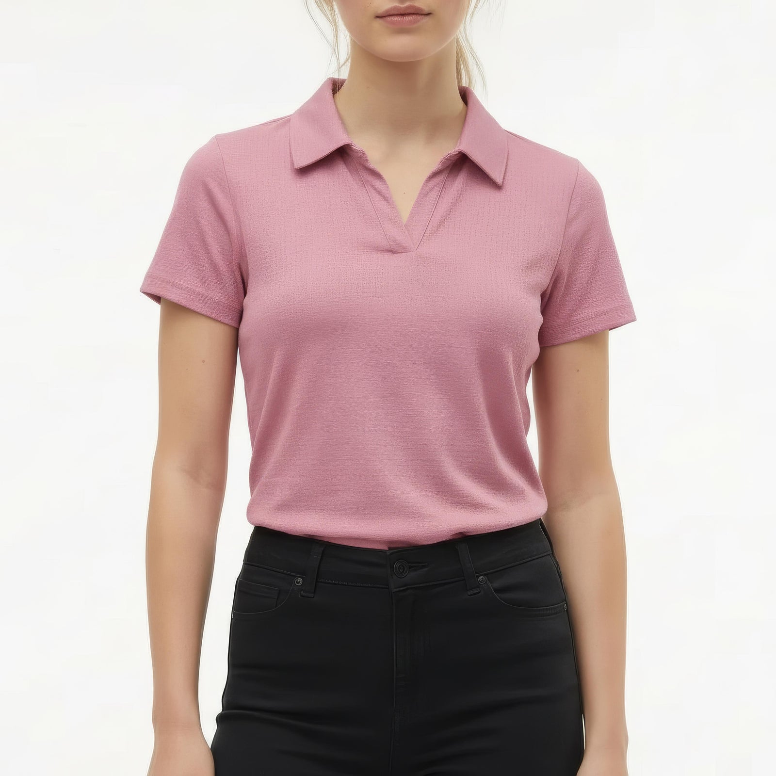 Women Rose Solid Polo Neck T-Shirt