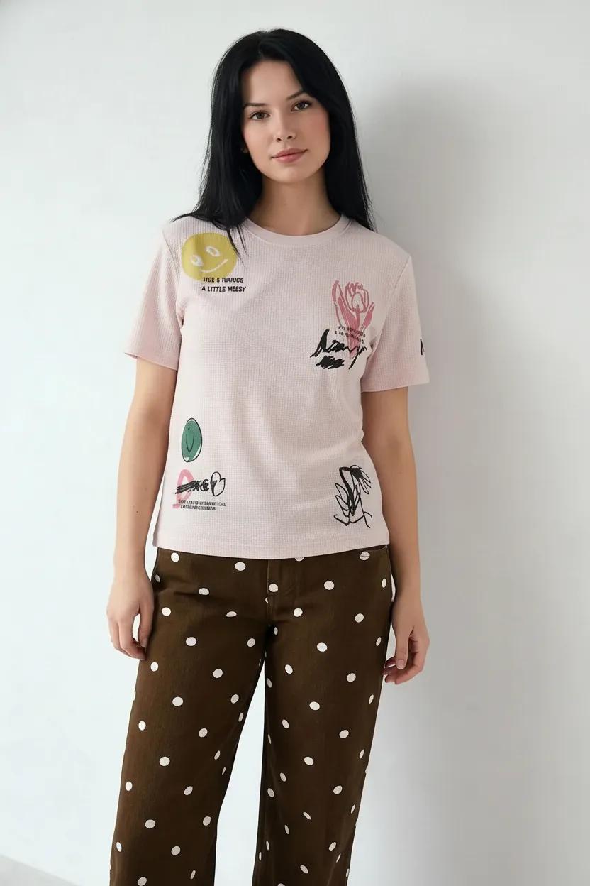 Women Heavenly Pink Graphic Printed Short Sleeves Cotton T-shirt
