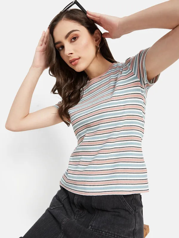 Contrast Horizontal Stripes Ribbed T-Shirt