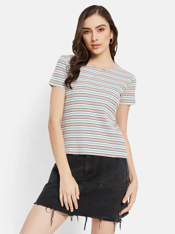 Contrast Horizontal Stripes Ribbed T-Shirt