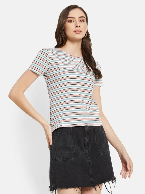 Contrast Horizontal Stripes Ribbed T-Shirt