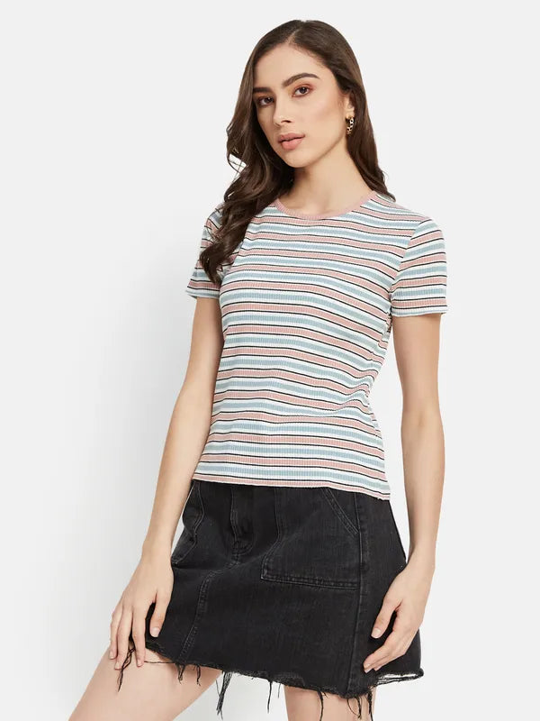 Contrast Horizontal Stripes Ribbed T-Shirt