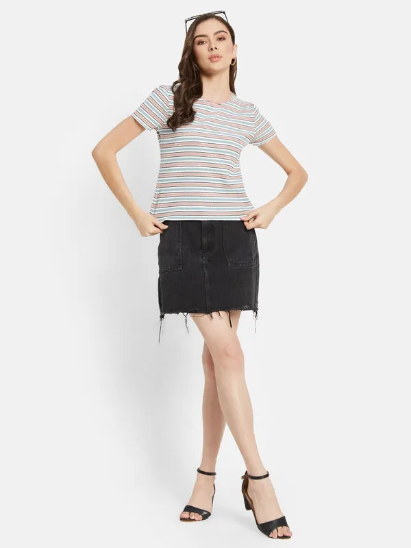 Contrast Horizontal Stripes Ribbed T-Shirt