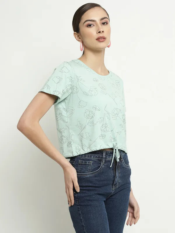 Mettle Floral Printed Round Neck Waist Tie-Ups Cotton T-Shirt