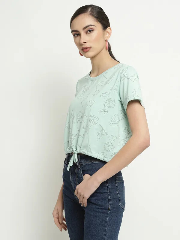 Mettle Floral Printed Round Neck Waist Tie-Ups Cotton T-Shirt