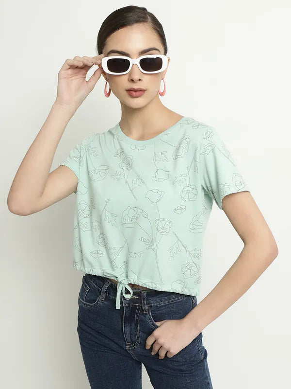 Mettle Floral Printed Round Neck Waist Tie-Ups Cotton T-Shirt