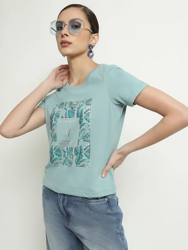 Mettle Tropical Printed Round Neck Cotton T-Shirt