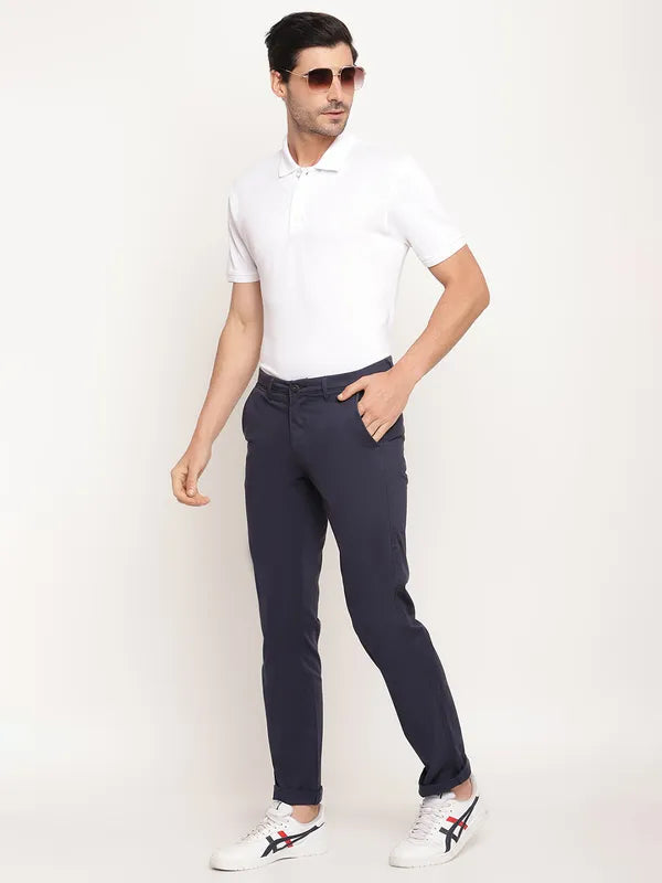 Octave Men Navy Blue Solid Cotton Trousers