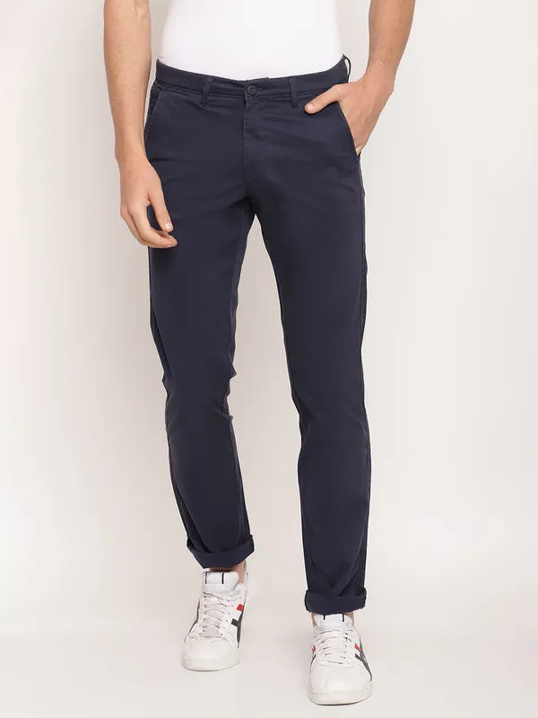 Octave Men Navy Blue Solid Cotton Trousers