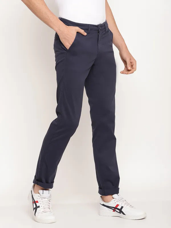 Octave Men Navy Blue Solid Cotton Trousers