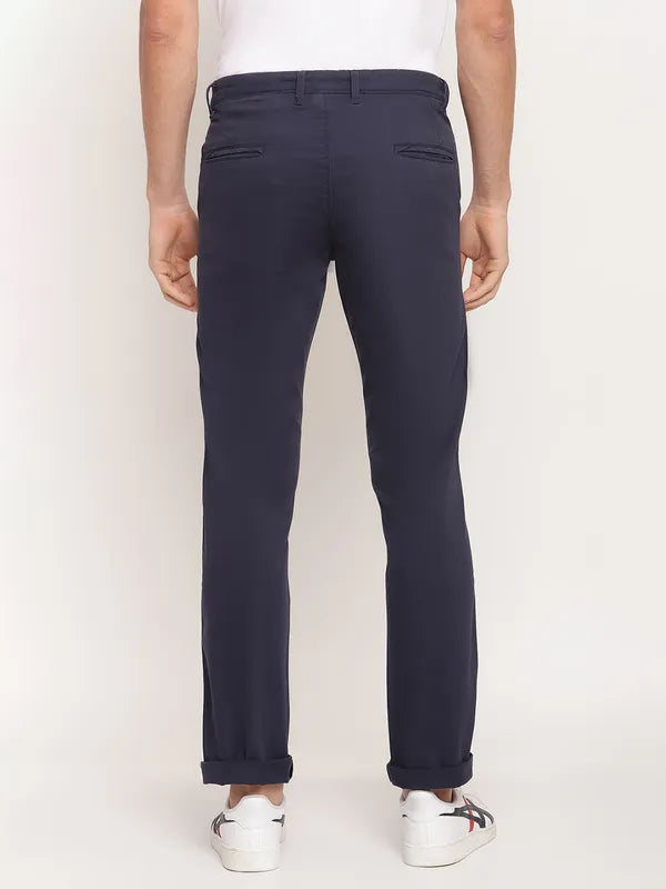 Octave Men Navy Blue Solid Cotton Trousers