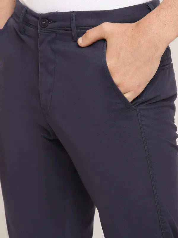 Octave Men Navy Blue Solid Cotton Trousers