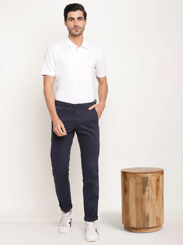 Octave Men Navy Blue Solid Cotton Trousers