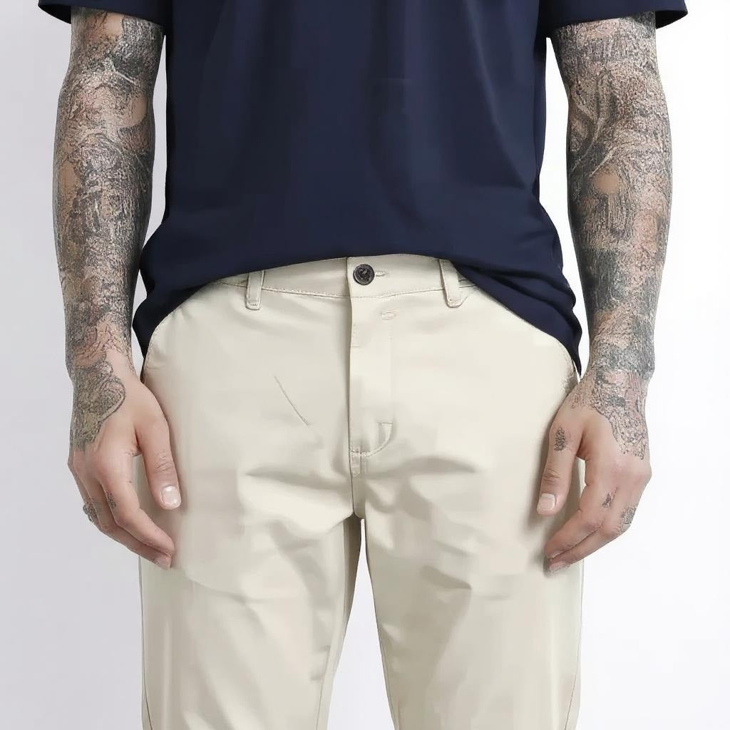 Men Cream Solid Regular Fit Trouser