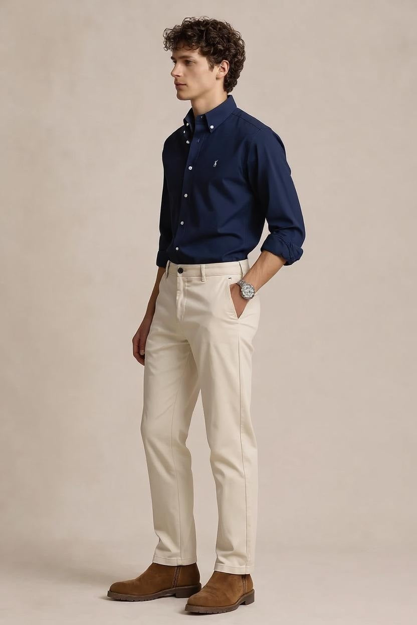 Men Cream Mid-Rise Chinos Trousers