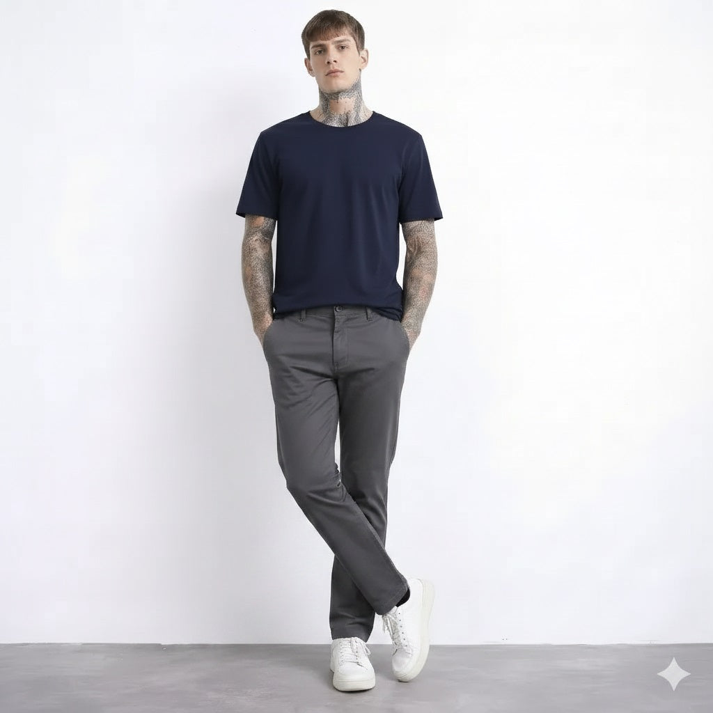 Men Coal Cotton Mid-Rise Chinos Trousers