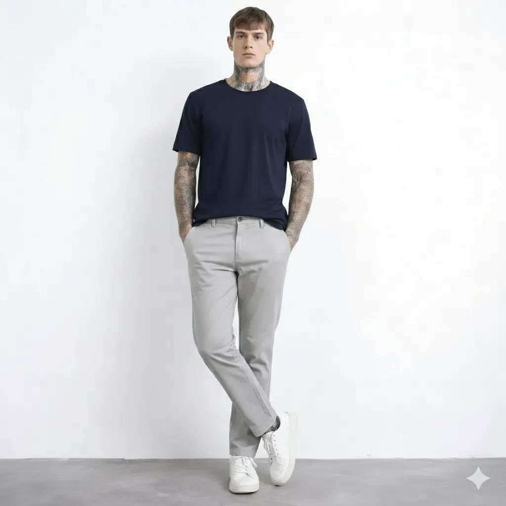 Men Light Grey Cotton Mid-Rise Chinos Trousers