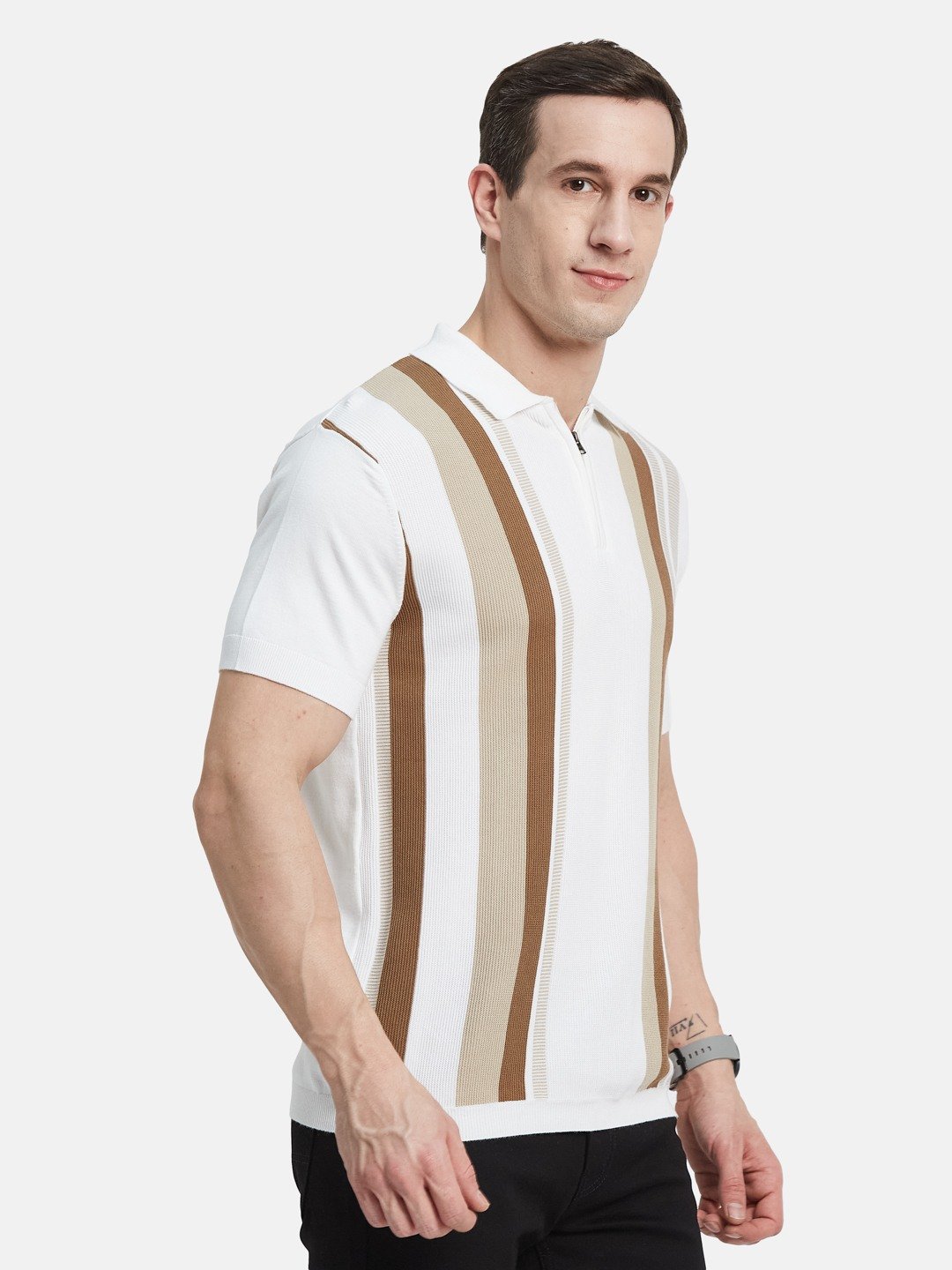 METTLE Men Striped Polo Collar Cotton T-shirt
