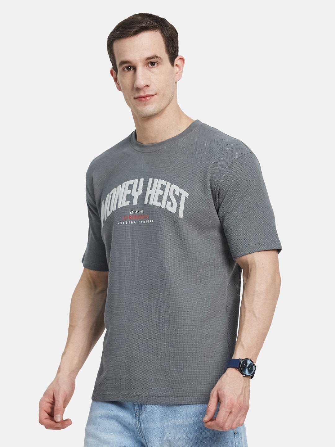 OVERSIZED NETFLIX MONEY HEIST PRINT ROUND NECK WAFFLE KNIT T-SHIRT