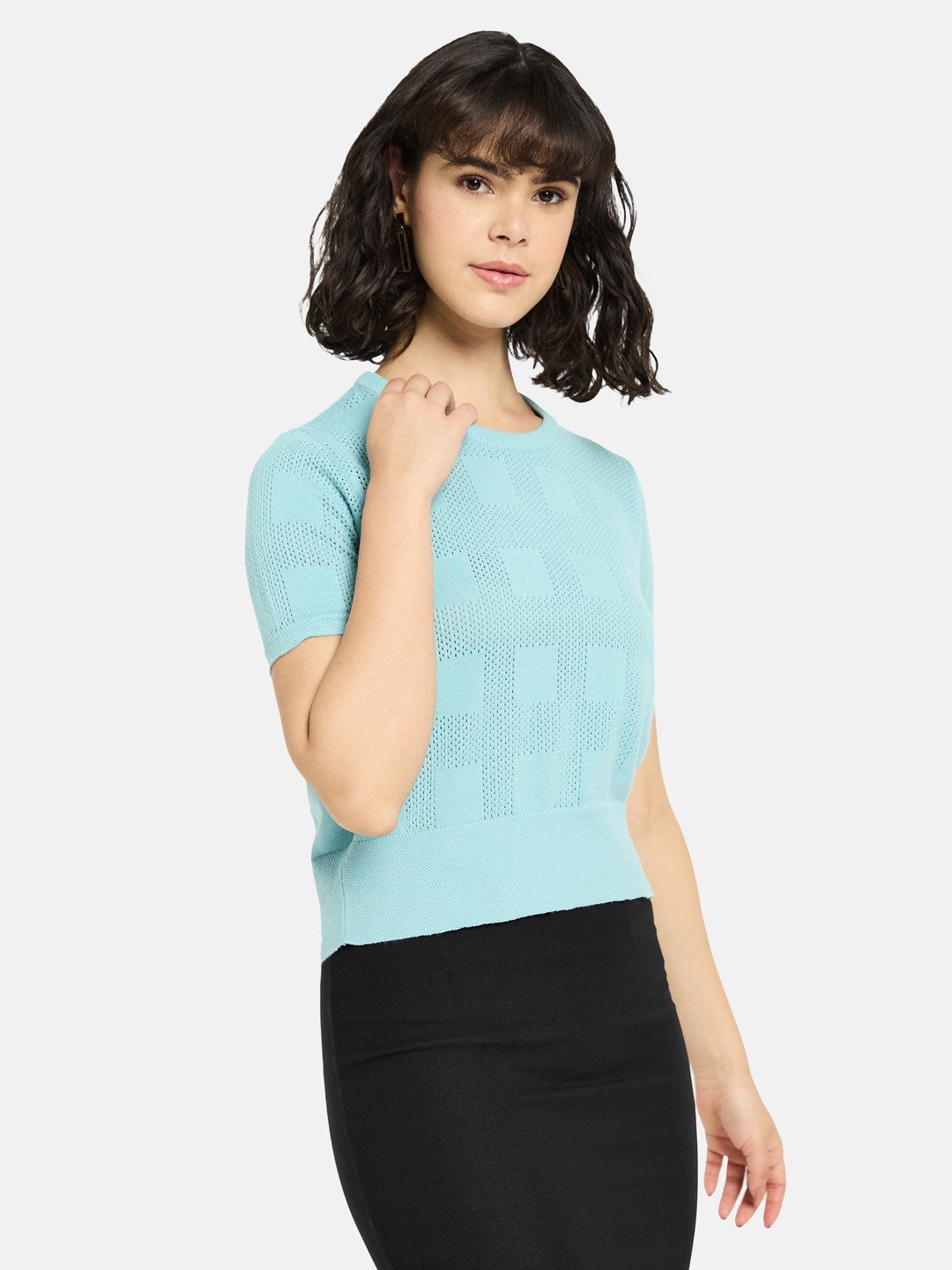 METTLE Women Checked Round Neck Cotton T-shirt