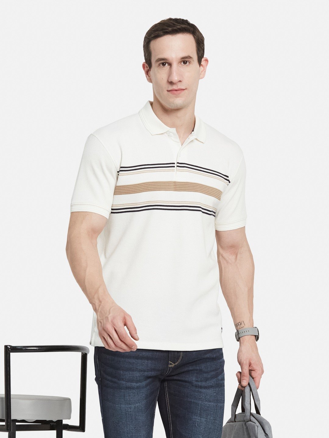 HORIZONTAL STRIPE POLO NECK POPCORN KNIT  T-SHIRT