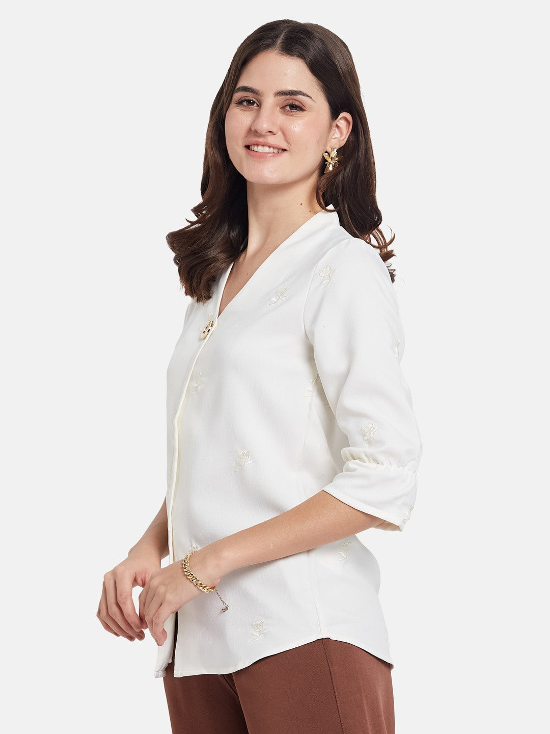 METTLE Floral Embroidered V-Neck Shirt Style Cotton Top
