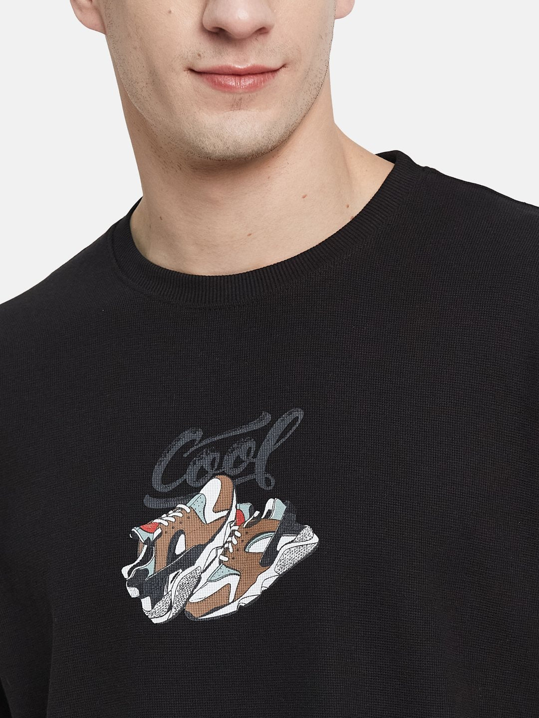 BACK PRINT ROUND NECK WAFFLE KNIT T-SHIRT