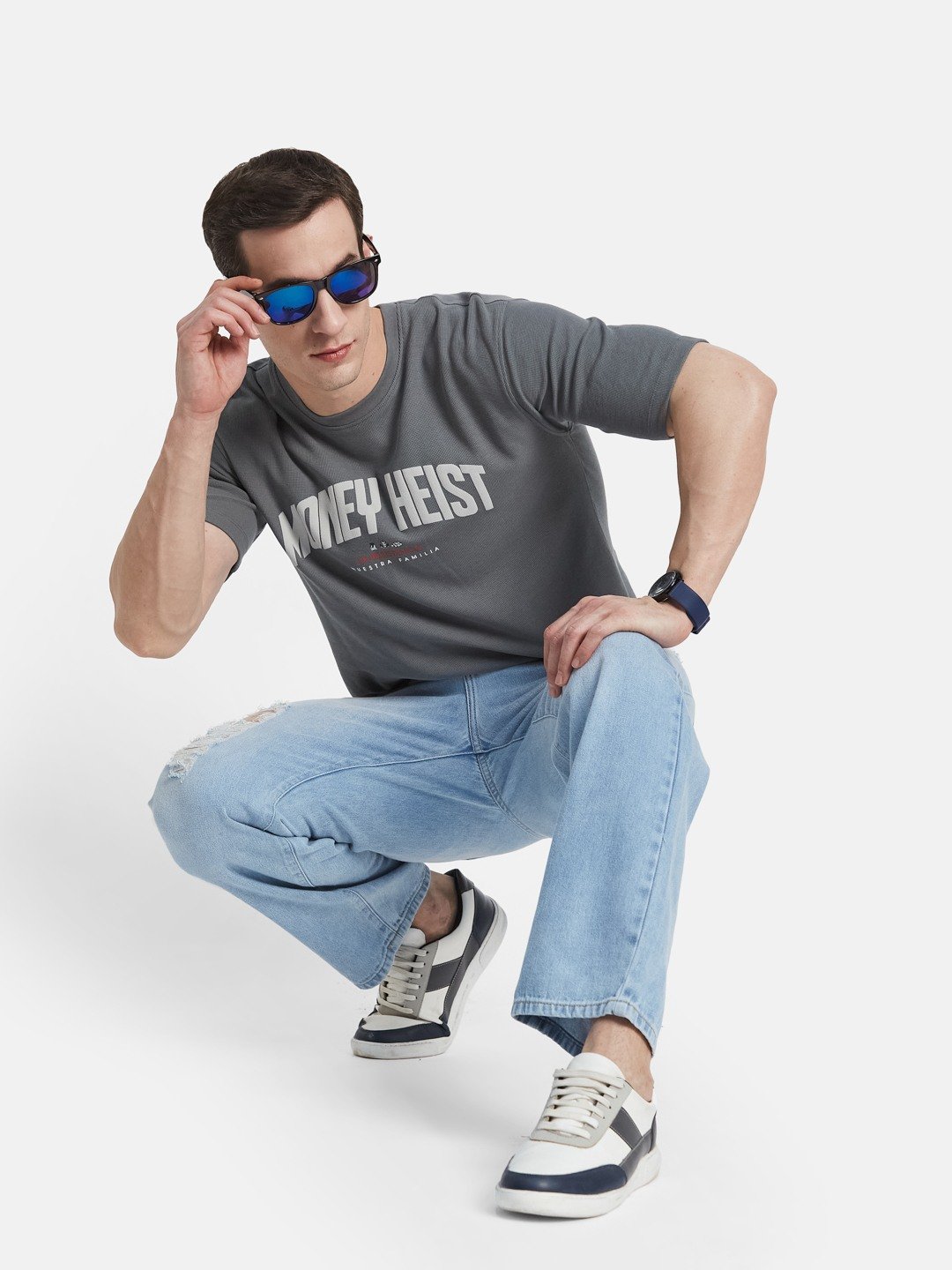 OVERSIZED NETFLIX MONEY HEIST PRINT ROUND NECK WAFFLE KNIT T-SHIRT