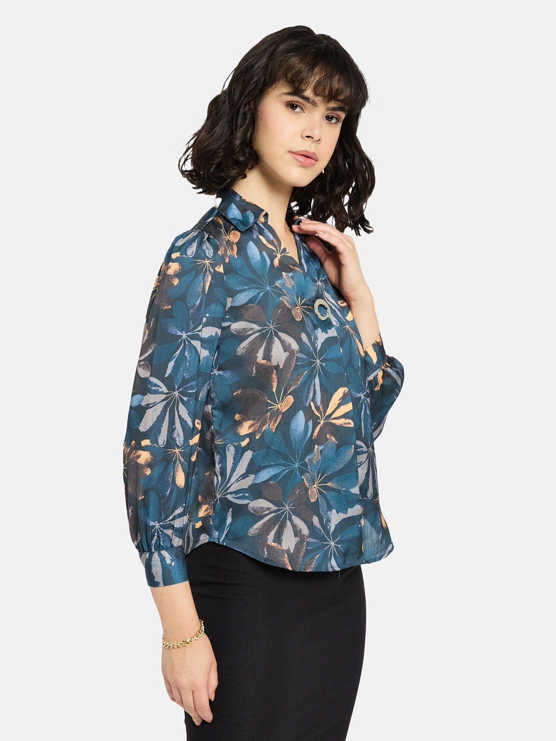 METTLE Women Teal Floral Print Cotton Top
