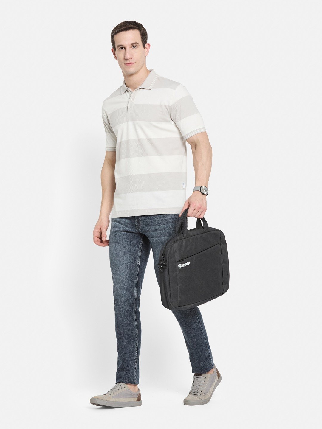 HORIZONTAL STRIPE POLO NECK POPCORN KNIT LYCRA  T-SHIRT