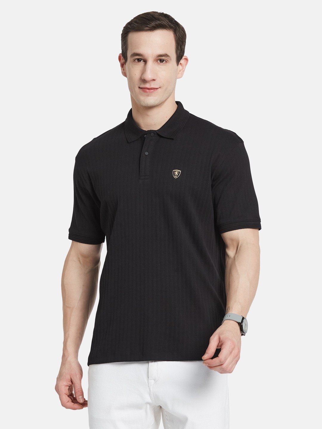 VERTICAL STRIPE POLO NECK RIB STRUCTURE T-SHIRT