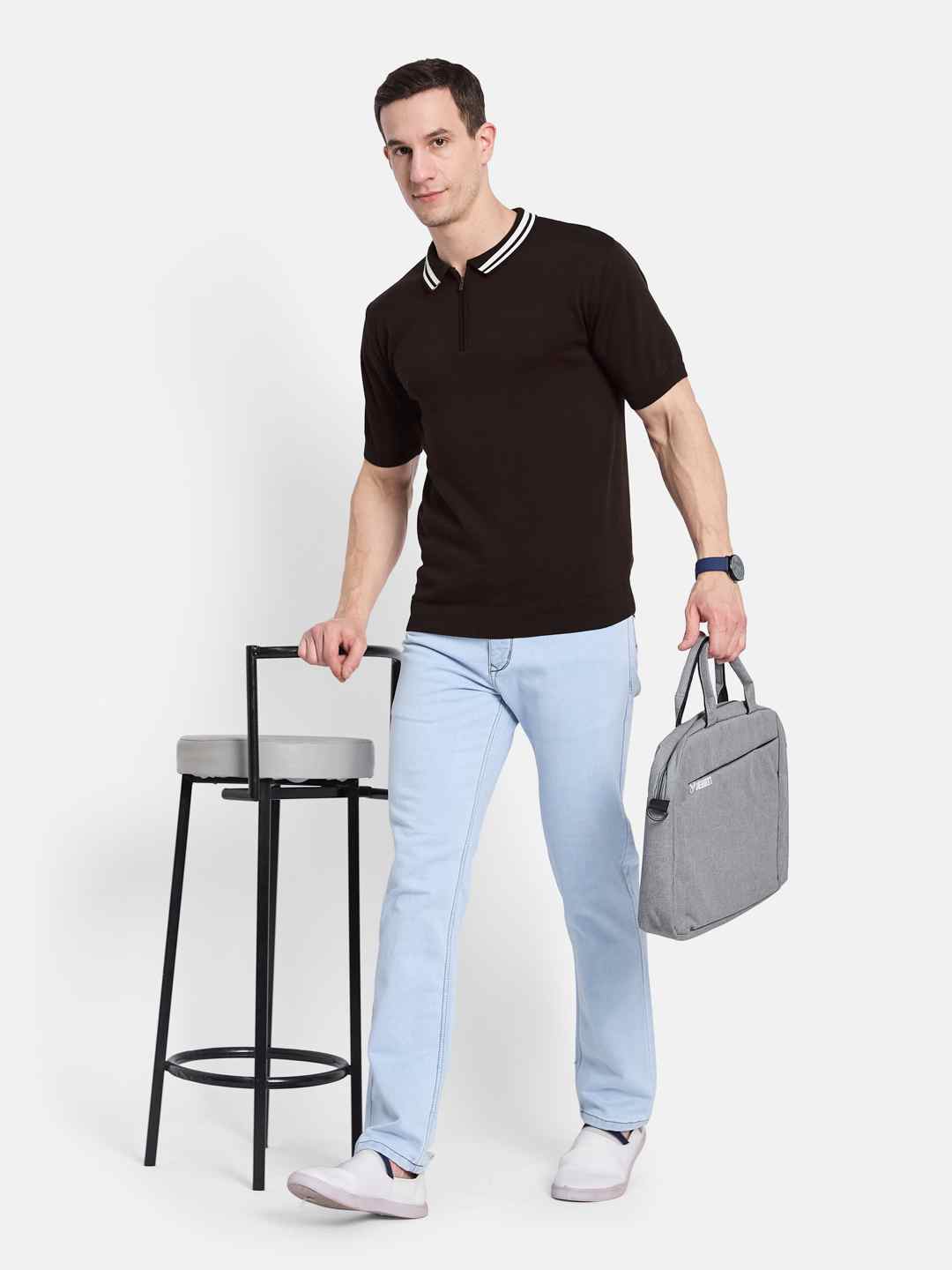 METTLE Men Polo Collar Monochrome T-shirt