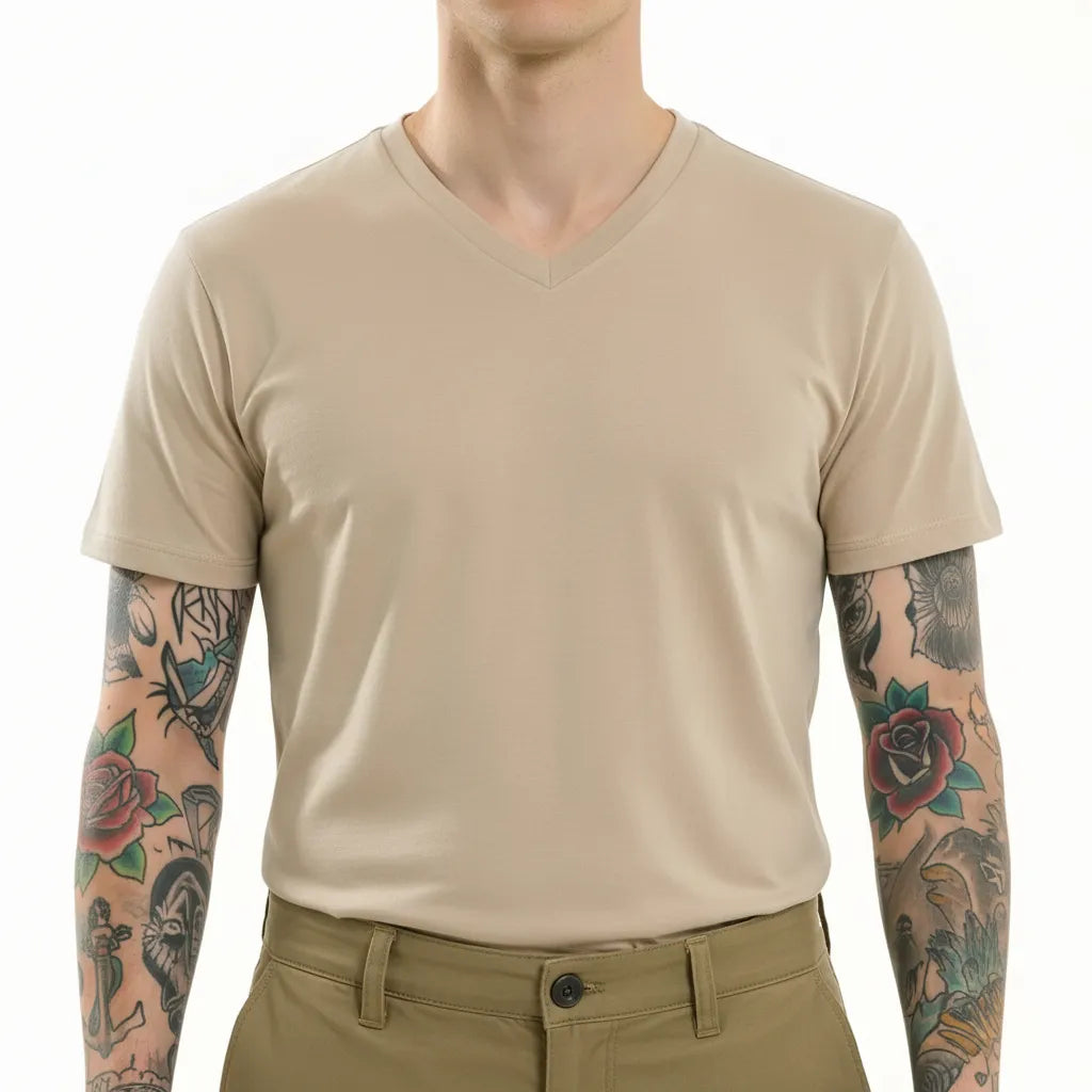 Men Brown Rice V-Neck T-shirt