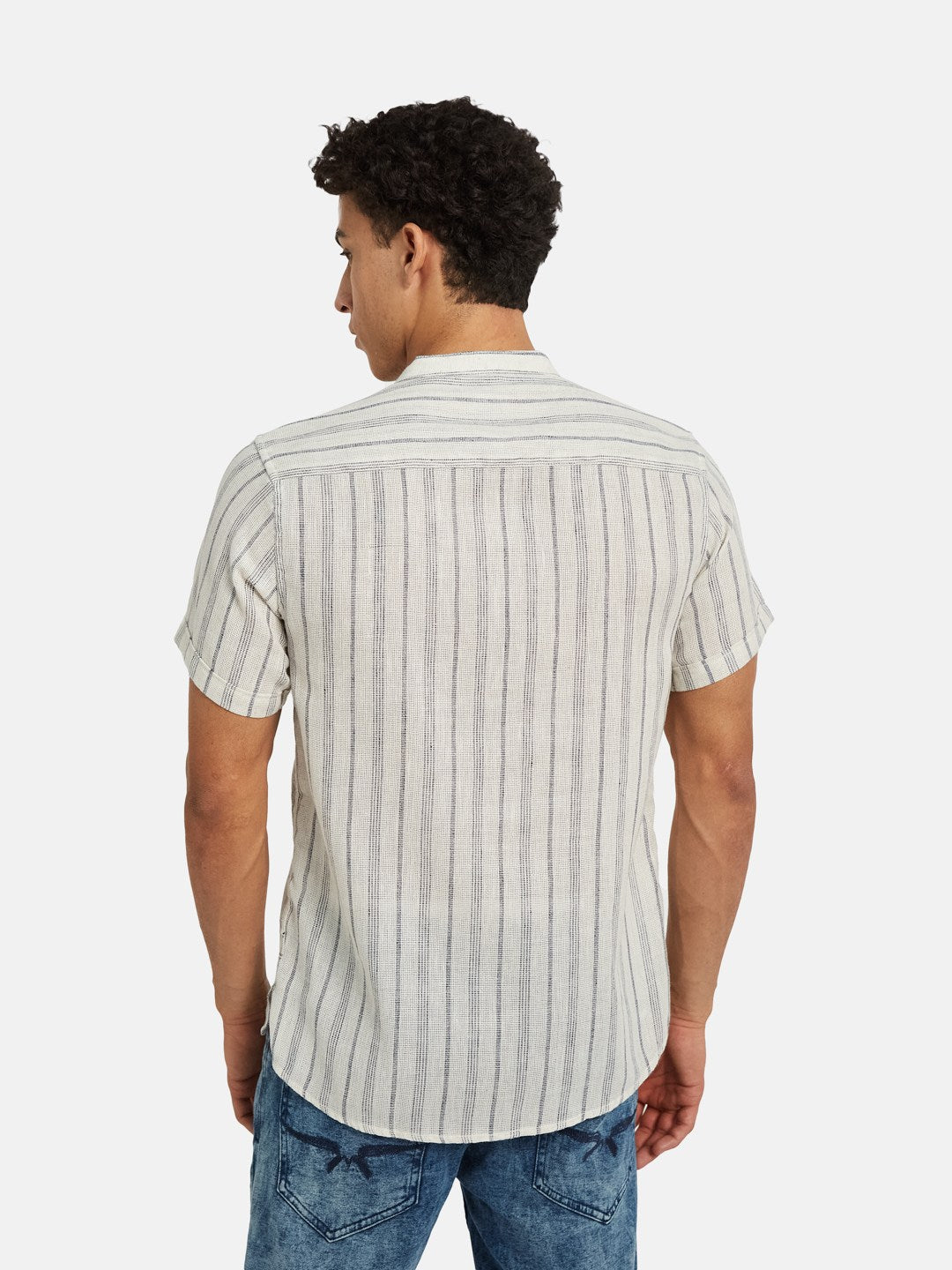 METTLE Striped Short Sleeves Mandarin Collar Cotton Opaque Regular Fit Casual Shirt