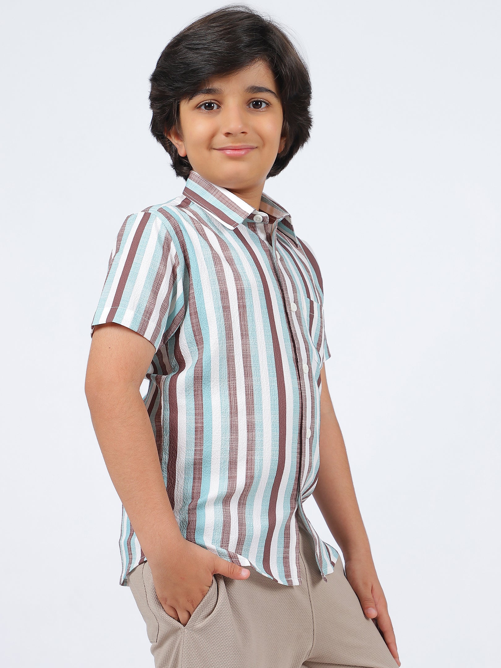 Octave Boys Multi Stripes Striped Spread Collar Short Sleeves Cotton Shirt