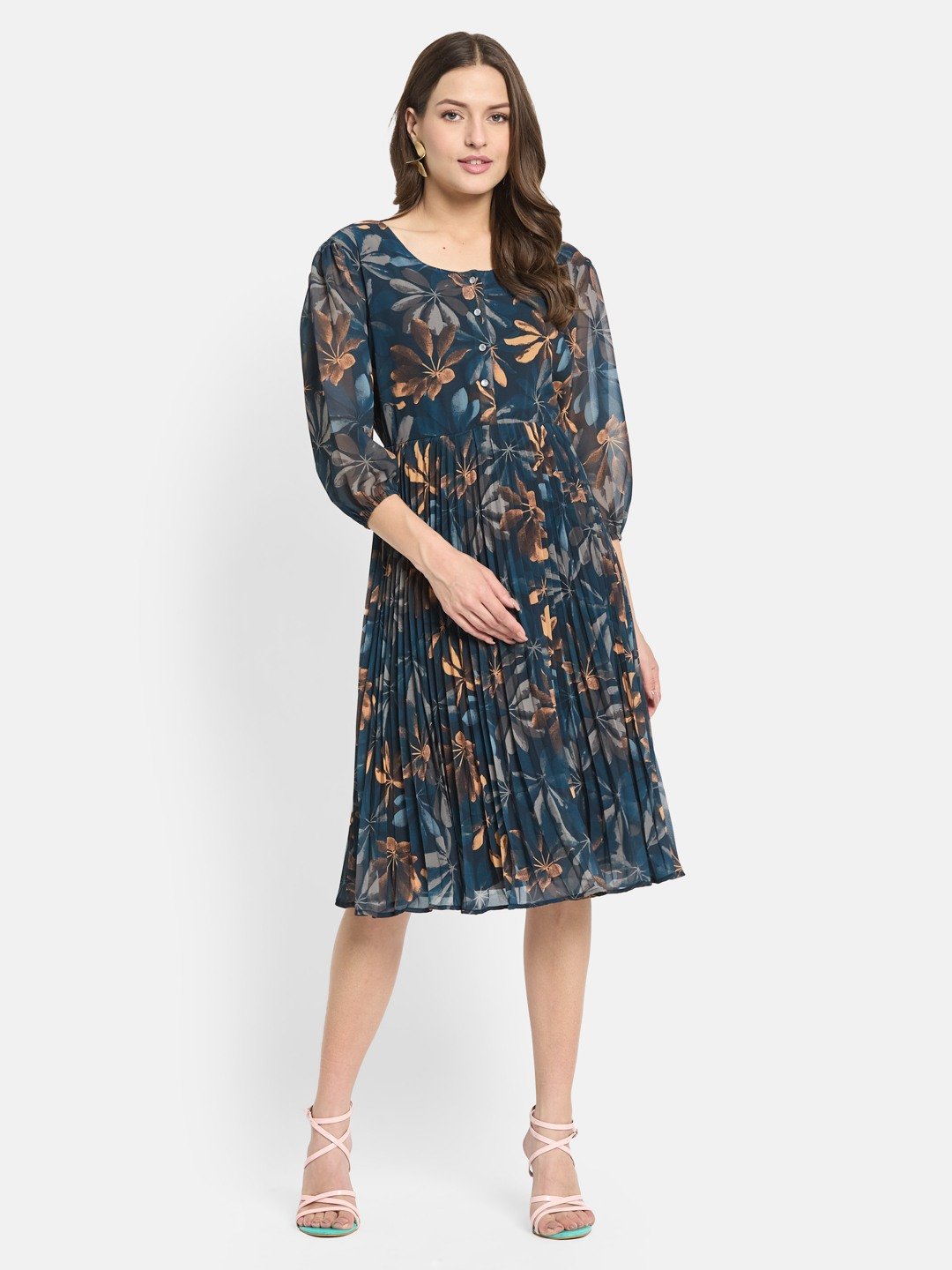 METTLE  Women Floral Print Puff Sleeve Fit & Flare Dress