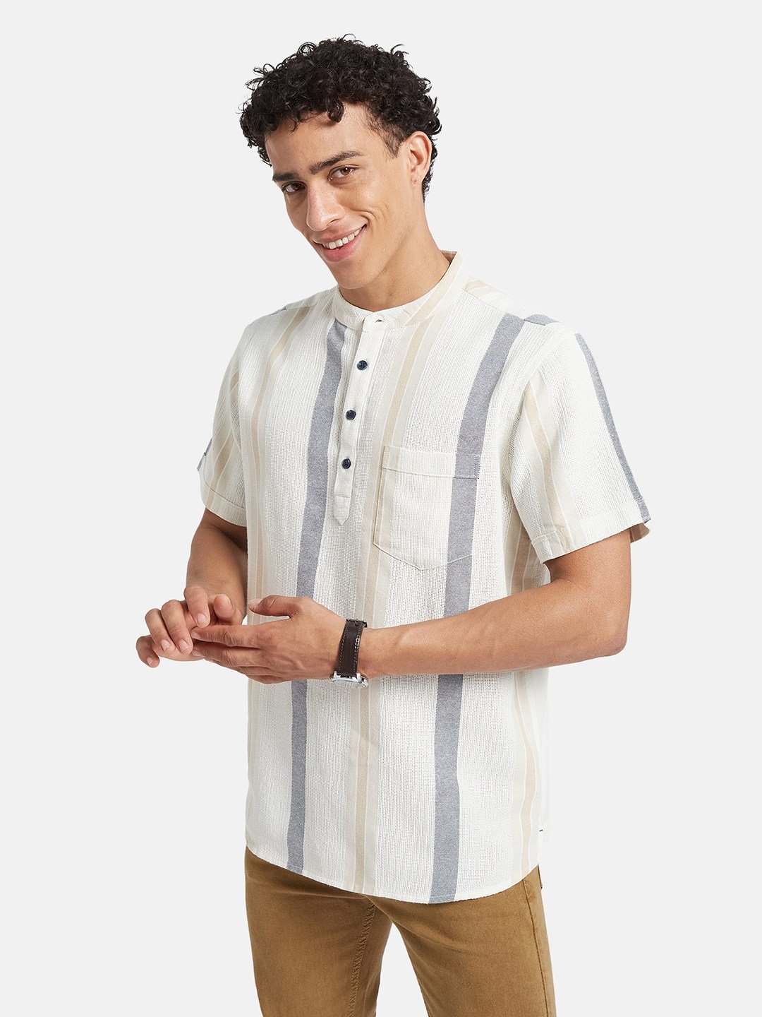 METTLE Men Striped Mandarin Collar Cotton T-shirt