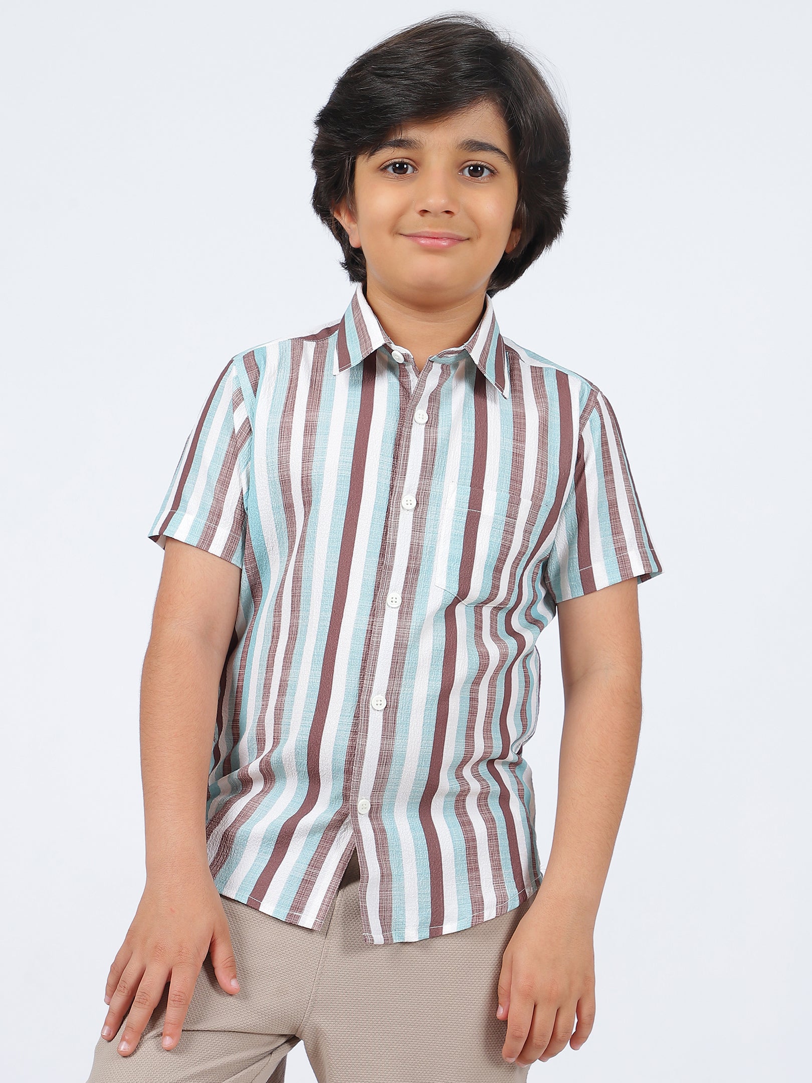 Octave Boys Multi Stripes Striped Spread Collar Short Sleeves Cotton Shirt