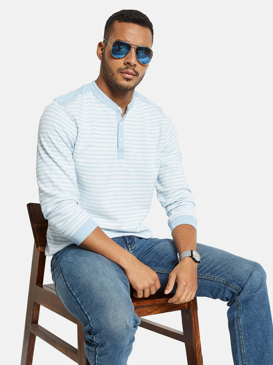 METTLE Men Striped Mandarin Collar Pockets T-shirt