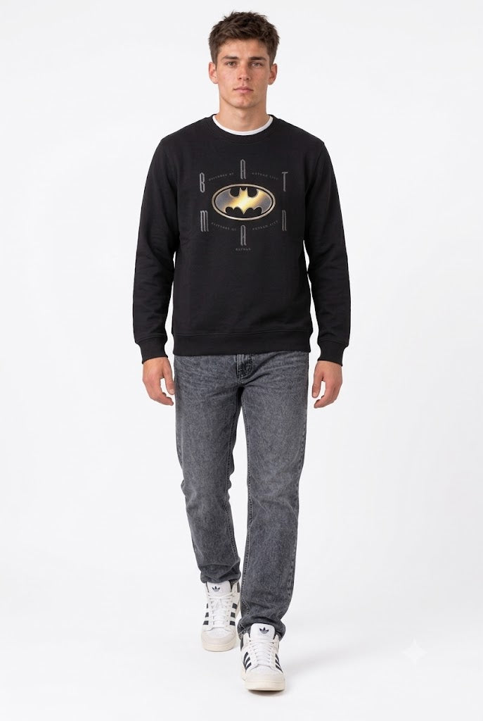 Men's Batman Black Graphic Sweatshirt | Cotton Brushed Fleece Crew Neck Pullover
