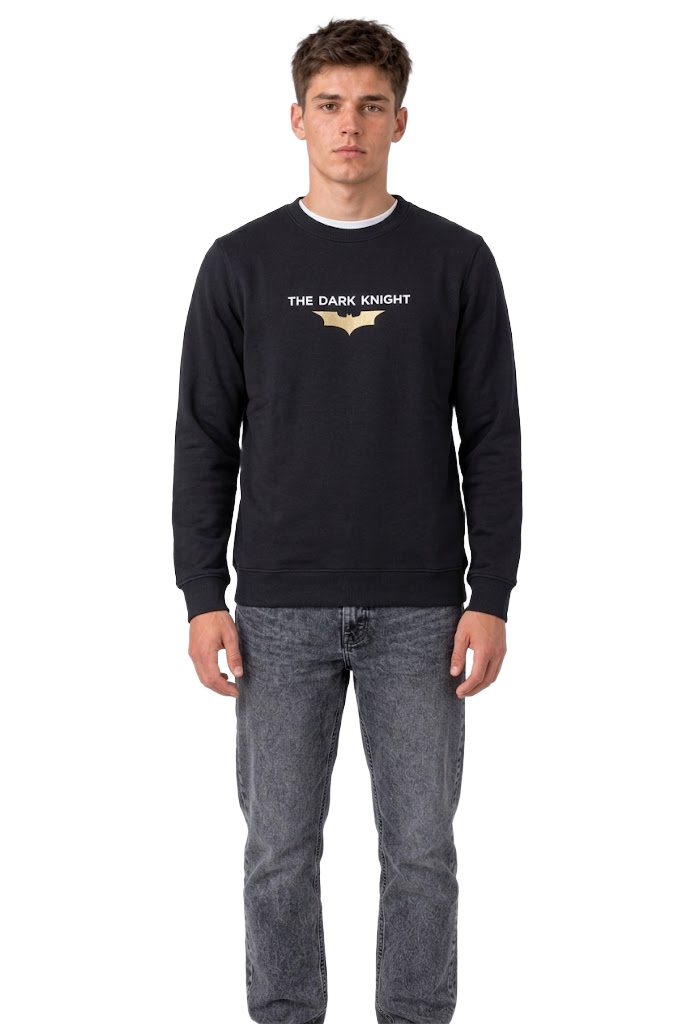 Men's Dark Knight Black Graphic Sweatshirt | Cotton Brushed Fleece Crew Neck PulloverProduct DescriptionStay warm and celebrate the legendary Dark Knight