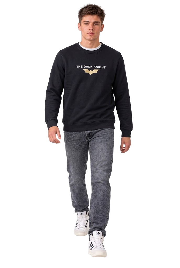 Men's Dark Knight Black Graphic Sweatshirt | Cotton Brushed Fleece Crew Neck PulloverProduct DescriptionStay warm and celebrate the legendary Dark Knight