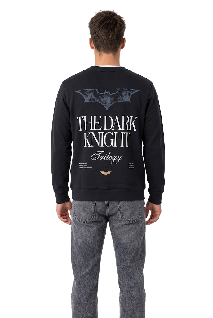 Men's Dark Knight Black Graphic Sweatshirt | Cotton Brushed Fleece Crew Neck PulloverProduct DescriptionStay warm and celebrate the legendary Dark Knight