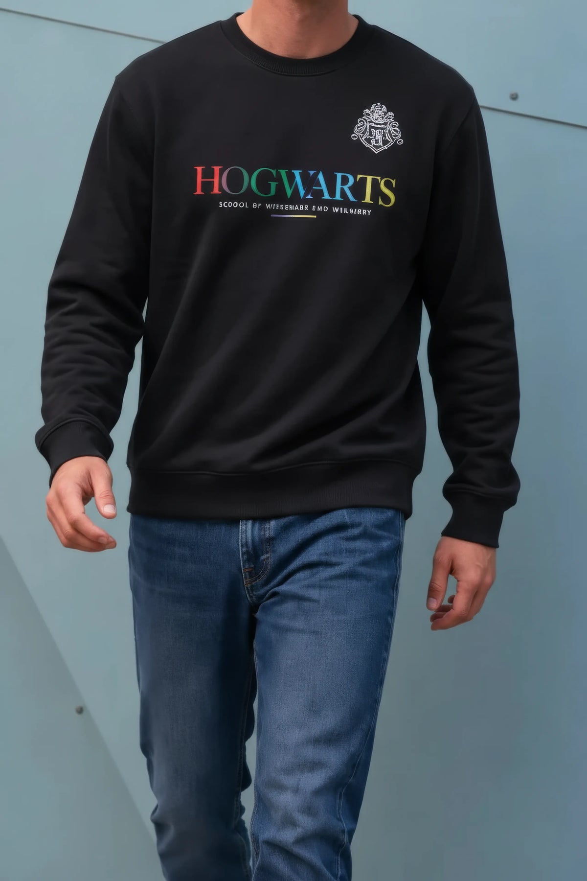 Men’s Dark Navy Cotton Brushed Fleece Hogwarts Graphic Sweatshirt – Regular Fit
