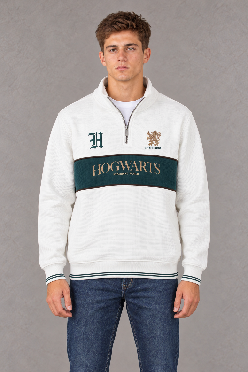 Men's Hogwarts Off-White Waffle Bonded Sweatshirt | Wizarding World Half-Zip Winter PulloverProduct