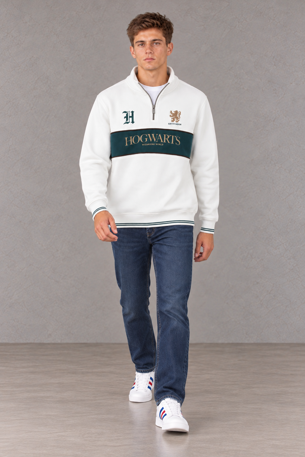 Men's Hogwarts Off-White Waffle Bonded Sweatshirt | Wizarding World Half-Zip Winter PulloverProduct