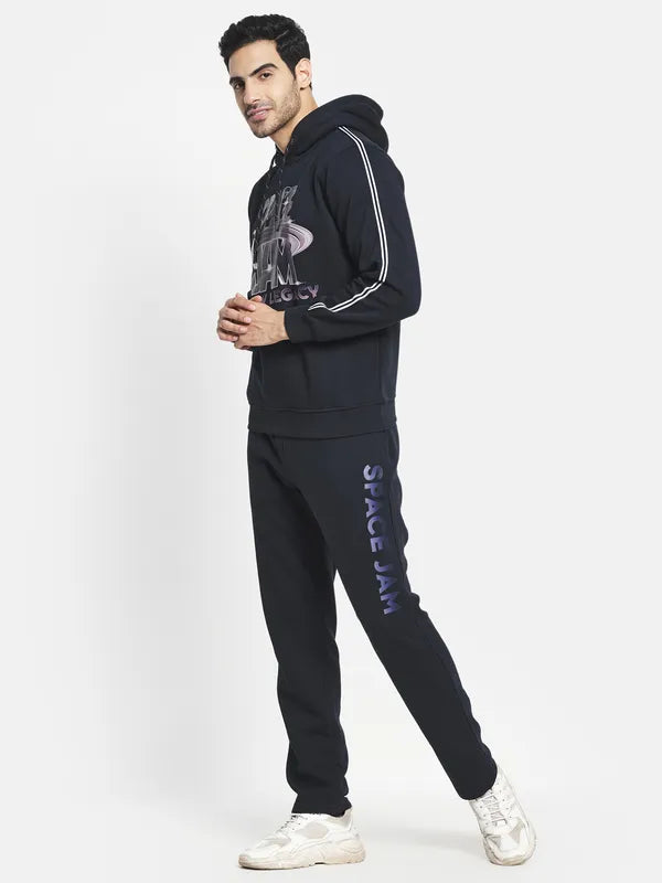 Men Navy Blue Printed Cotton Tracksuit