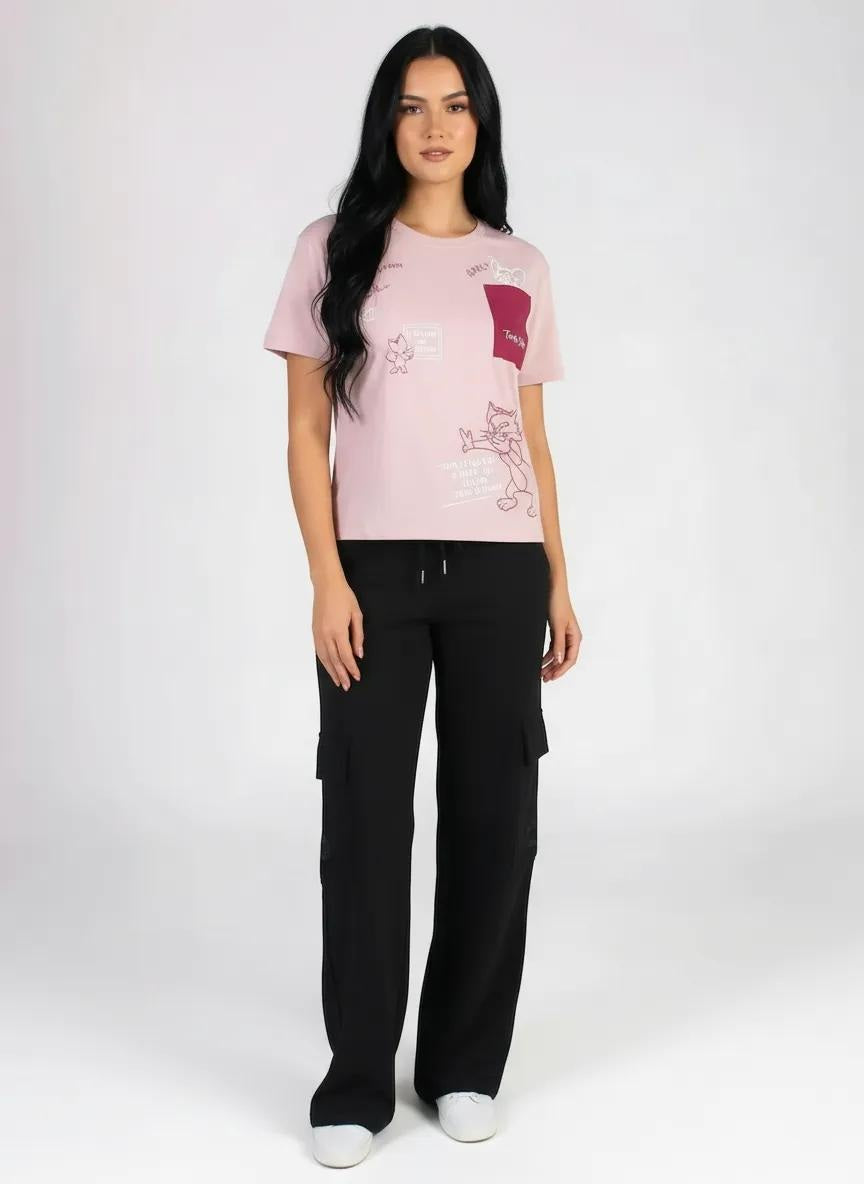 Women Barely Pink Printed Pockets T-shirt