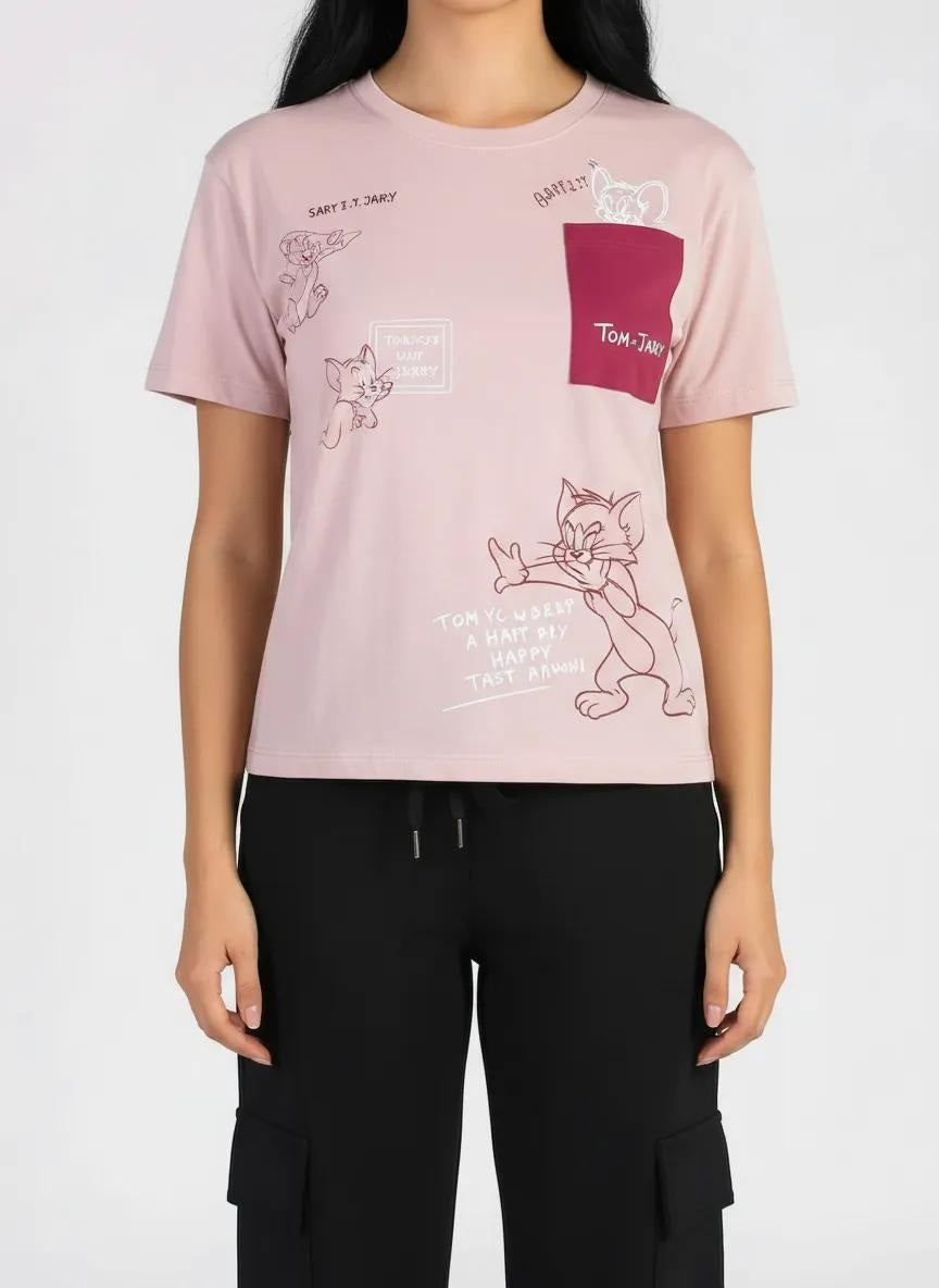 Women Barely Pink Printed Pockets T-shirt