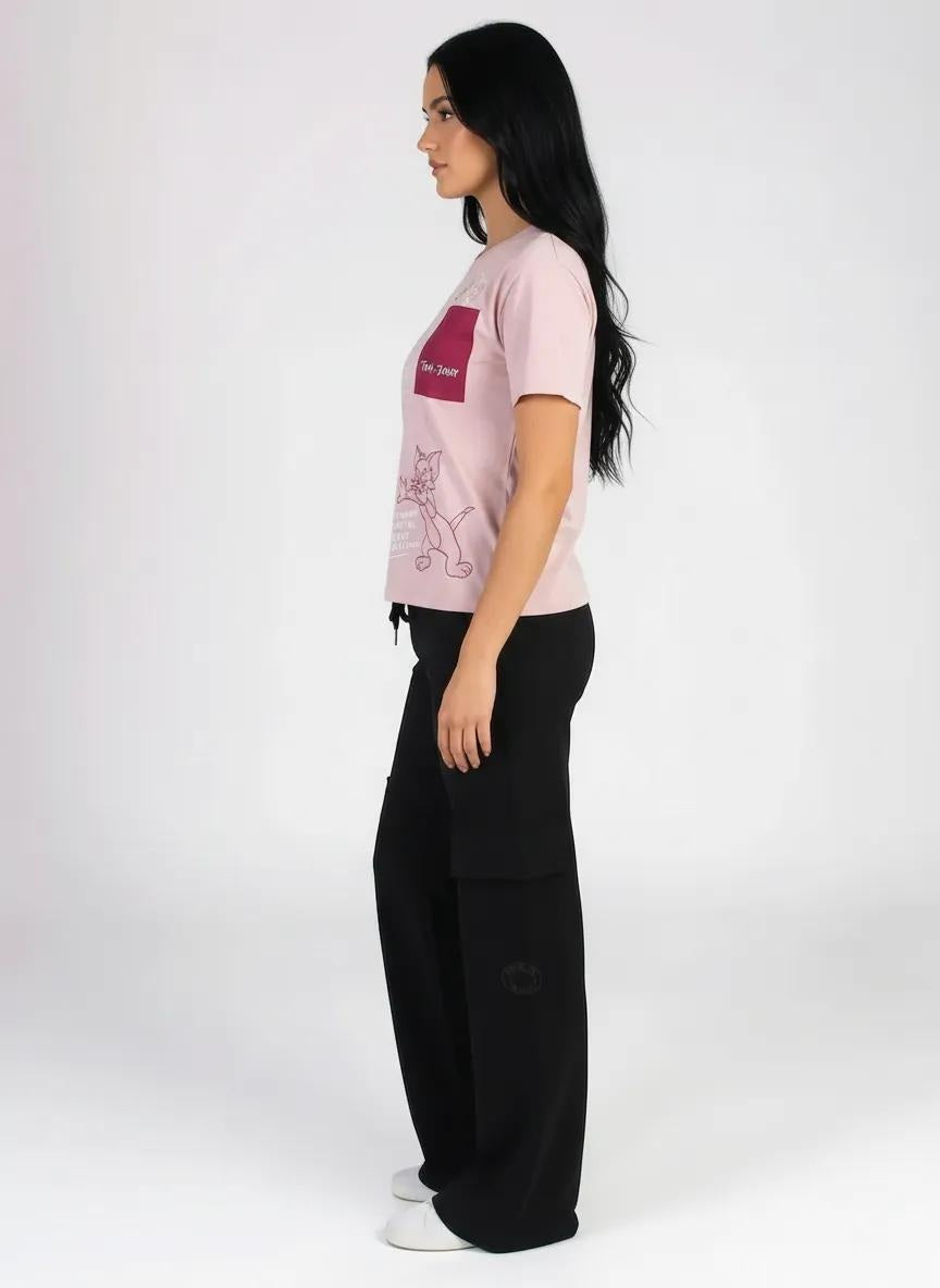Women Barely Pink Printed Pockets T-shirt